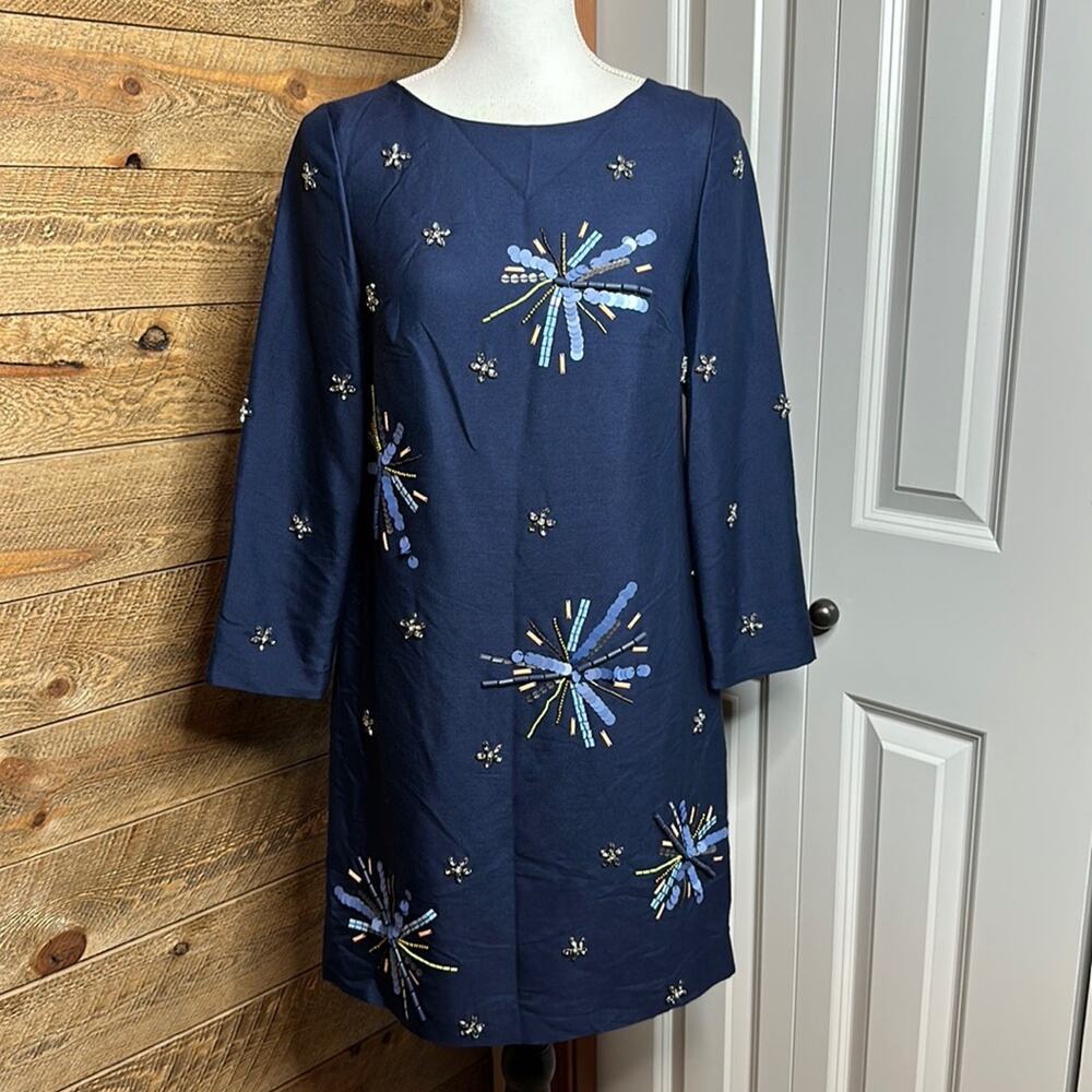 Boden Embellished Mini Dress Navy Blue Wool Silk 3/4 Sleeve Size 4 NWT